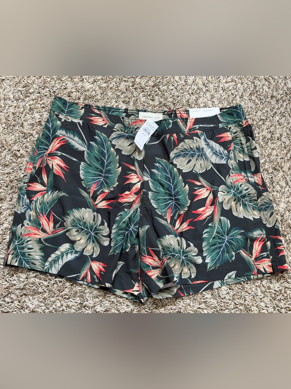 American Eagle Tropical Leaf Print Shorts - Black / Green / Coral